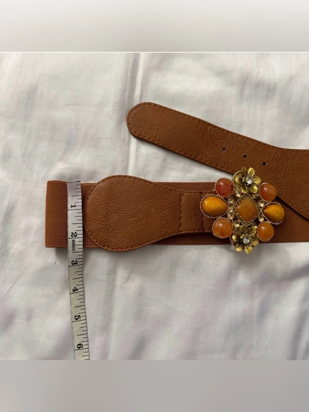 Brown PU leather elastic waistband belt with gold tone buckle